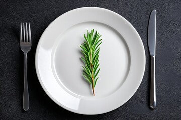 Minimalist place setting for Thanksgiving dinner, with a simple plate, fork, and a sprig of rosemary as decoration