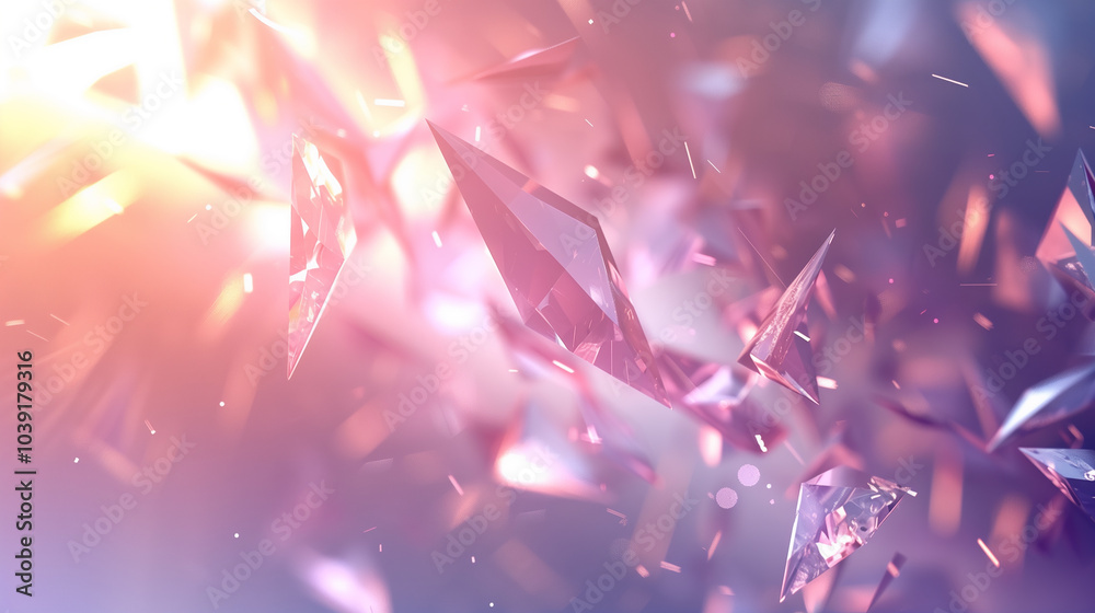 Poster abstract background with floating geometric shards with soft light effects.