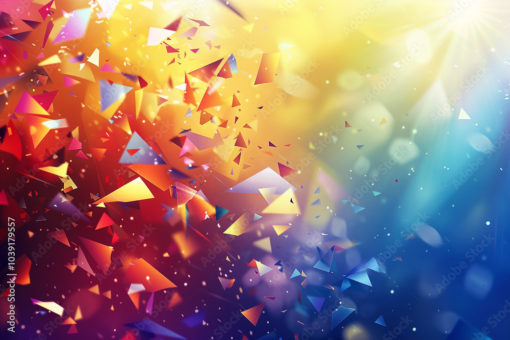 Poster abstract background with floating geometric shards with soft light effects.