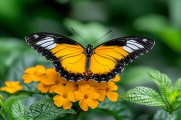 Obraz premium Orange butterfly perched on a vibrant flower, its wings detailed with patterns, standing out against a green, natural background