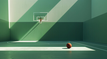 Minimalist green basketball court with a basketball and hoop in dramatic sunlight