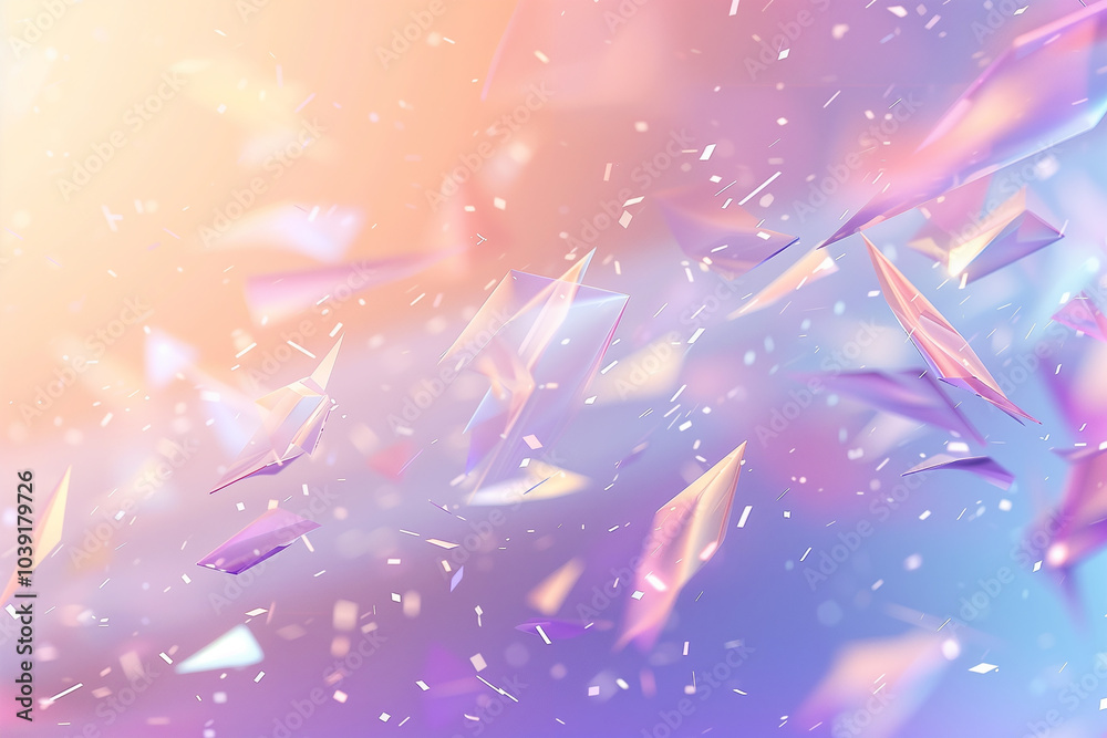 Poster abstract background with floating geometric shards with soft light effects.