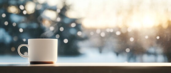 A cozy cup of coffee on a windowsill, with a snowy landscape and soft sunrise in the background, capturing the essence of a peaceful winter morning.