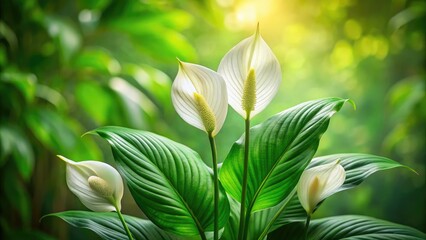 Obraz premium Spathiphyllum Cannifolium captured with tilt-shift photography, showcasing natureâ€™s beauty through vibrant greenery, stunning flora, and high-quality imagery of lush tropical plants and textures.