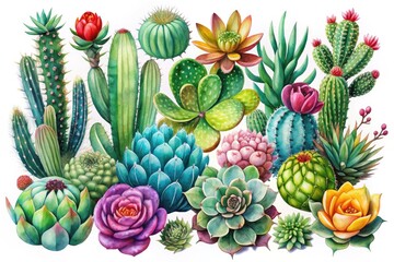 Fototapeta premium Stunning aerial illustration of watercolor cacti and succulents in vibrant colors against a white background, perfect for greeting cards, invitations, and floral designs.