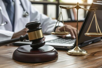 Close-up of the wooden gavel and stethoscope on desk with male doctor using a laptop. Concept of medical law and medical crimes. MZ