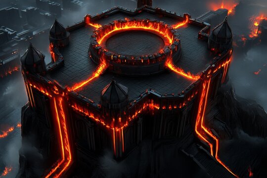 Segmented gothic architecture, with distinct sections of a dark, eerie castle highlighted in glowing light to show separation