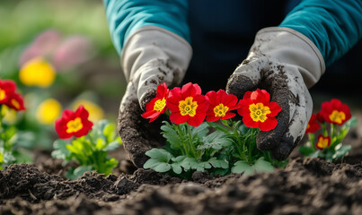Fototapeta premium Planting spring flowers in the garden dirt green gloves