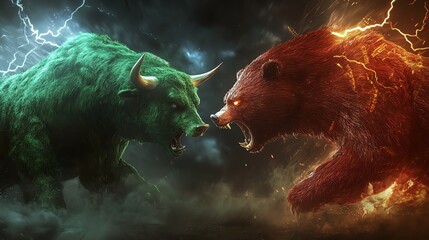 Bulls and bears clash against a backdrop of thunderstorms.