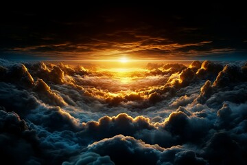 Sunrise over a vast, dark landscape, with the golden rays of the sun slowly overtaking the darkness below, symbolizing the triumph of light over night