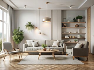 Fototapeta premium Surreal minimalist Scandinavian living room 3D render featuring an empty wall mockup, offering a fresh canvas for interior design inspiration and creativity exploration.