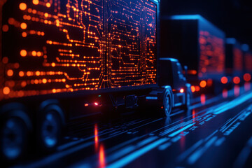 Obraz premium Autonomous vehicles on smart logistics network illuminated by glowing circuits create futuristic scene. vibrant colors and intricate patterns evoke sense of innovation and technology