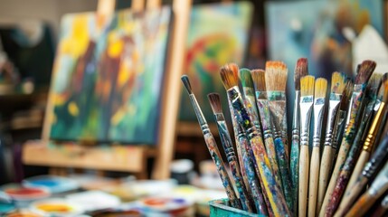 A bustling art studio with paintbrushes and canvases, Colorful artworks in progress, Contemporary studio style