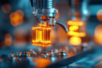 Close up of robotic arms inspecting industrial parts with glowing elements, showcasing advanced technology and precision in manufacturing. scene highlights intricate details and vibrant colors of