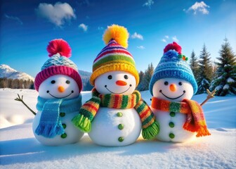 Three joyful snowmen adorned with scarves and hats stand in a winter wonderland, beautifully illustrated in flat style, ideal for Christmas wallpaper and seasonal text space.