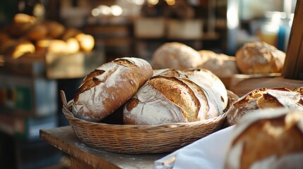 A bustling artisan bakery with baking tools and freshly baked bread, Artisan bread baking craftsmanship style, photo of
