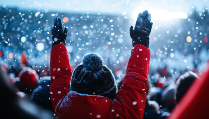Celebration of football season with fans gathered in winter, joyfully raising their hands amidst falling snow. atmosphere is filled with excitement and camaraderie