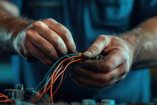 Hands adjusting high voltage electrical systems with precision and care, showcasing intricate work involved in electrical maintenance and repair