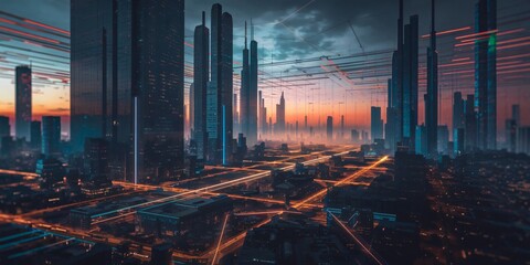   futuristic cityscape with towering skyscrapers. 