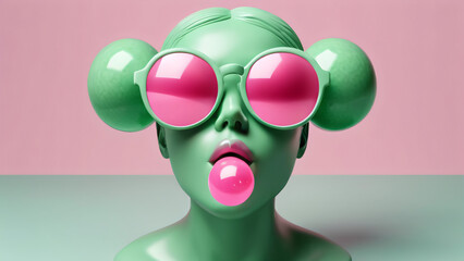 Minimal scene of sunglasses on human head sculpture with pink bubble gum on green background, 3d rendering.