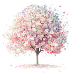 Fototapeta premium beautiful tree adorned with vibrant blossoms in shades of pink and blue, creating serene and enchanting atmosphere. delicate petals gently fall, enhancing tranquil scene
