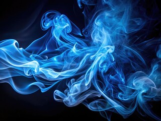 Fototapeta premium Vibrant blue smoke swirls against a black backdrop, illuminated by colorful light lines, creating a captivating atmosphere ideal for architectural photography.