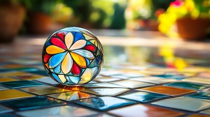 Colorful Glass Sphere with Floral Design on Mosaic Tile Surface
