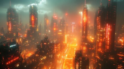 render abstract art illustration with punk industrial urban city landscape with super high flying told skyscrapers with neon blue glowing lights