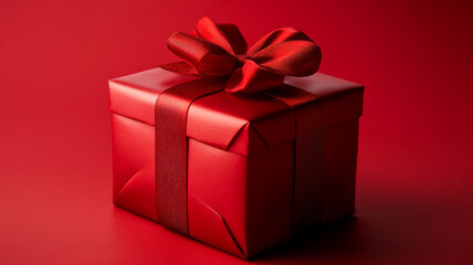 Obraz premium A beautifully wrapped red gift box with a satin bow against a vibrant red background