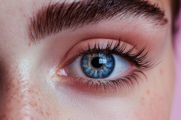 Fototapeta premium Close-up of a pair of expressive human eyes, perfectly symmetrical, with intricate detail in the irises, surrounded by soft skin and eyelashes, and blank space for commercial text about vision care