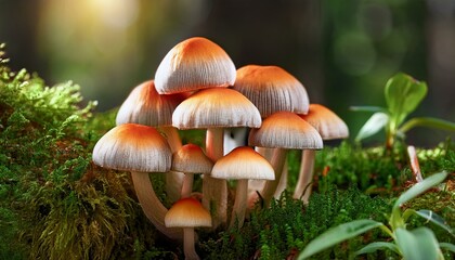 Fototapeta premium cluster of white and orange cap mushrooms nestled among forest foliage