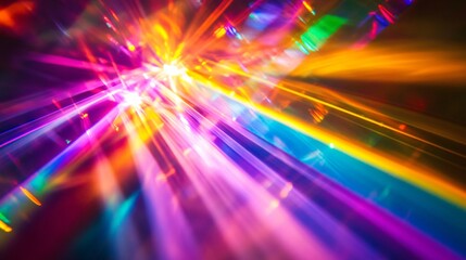 Abstract background with blurry colorful light rays, streaks, and flares radiating outward.