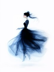 Fototapeta premium Elegant silhouette of a woman in flowing blue dress in motion