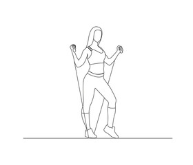 Single continuous line drawing young woman  jumping with skipping rope illustration