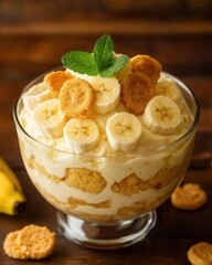 Banana pudding dessert with biscuits and mint