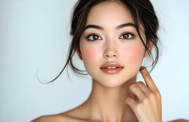 Asian woman with fair skin, a flawless face, and smooth shoulders against a white background. 