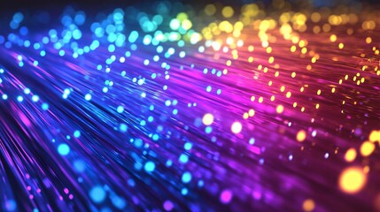 Abstract background of fiber optic cables glowing in blue, pink, and yellow colors.