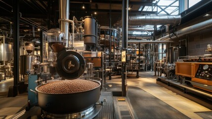 A bustling coffee roastery with roasting machines, Coffee beans roasting to perfection, Industrial artisan style