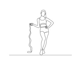 Single continuous line drawing young woman  jumping with skipping rope illustration