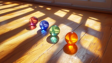 Naklejka premium Colorful Glass Marbles on Wooden Floor with Sunlight