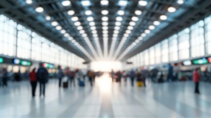 Blurred view of a busy airport terminal filled with travelers and bright lighting.