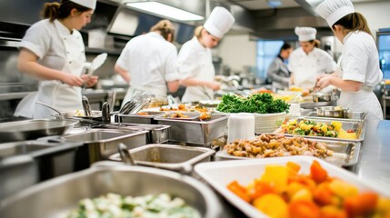 A bustling culinary school kitchen with chef's tools, Students preparing gourmet dishes, Modern culinary style