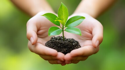 Hands Holding Young Plant Sprout with Soil  Green Background  Nature  Growth  Sustainabili
