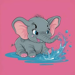 Fototapeta premium baby elephant cartoon elephant tiny elephant cute elephant animal illustration oversized ears water splash playful cartoon