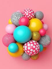Colorful 3D spheres with various patterns on a pink background.