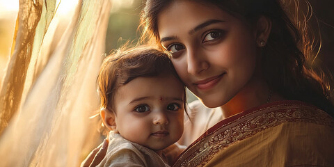 Obraz premium Indian mother with her baby, generative AI