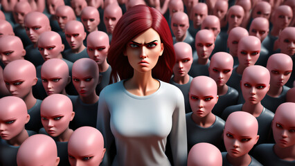 Angry Rebel Women Unique Leader Figure Individuality Dystopian Crowd of People 3d illustration render