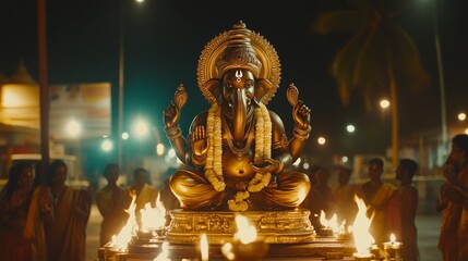 Fototapeta premium Golden Ganesha Statue With Flames And Worshippers At Night