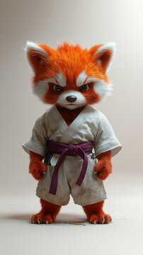 red panda wearing brazillian jiujitsu gi uniform with purble belt