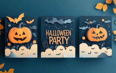 Set of Halloween party invitations featuring "HALLOWEEN PARTY" in elegant calligraphy